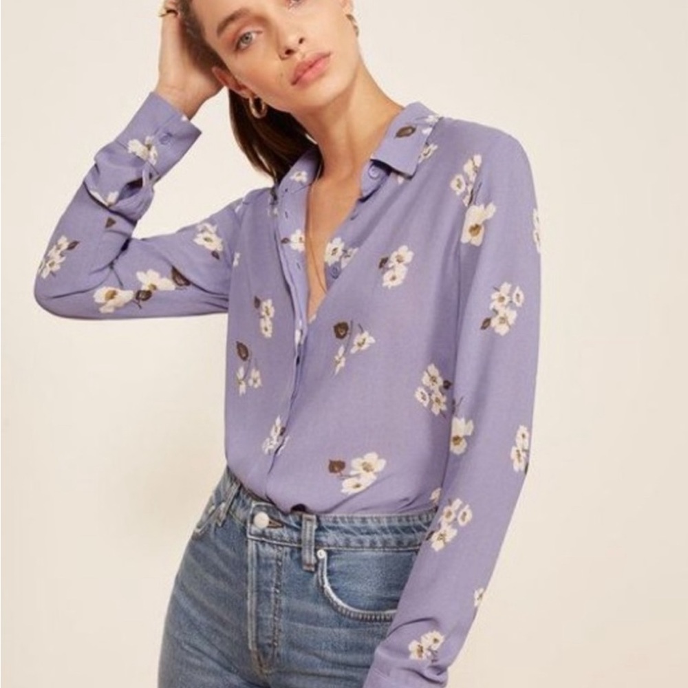 Reformation Purple/ Violet Flower Print Button Up Blouse Small